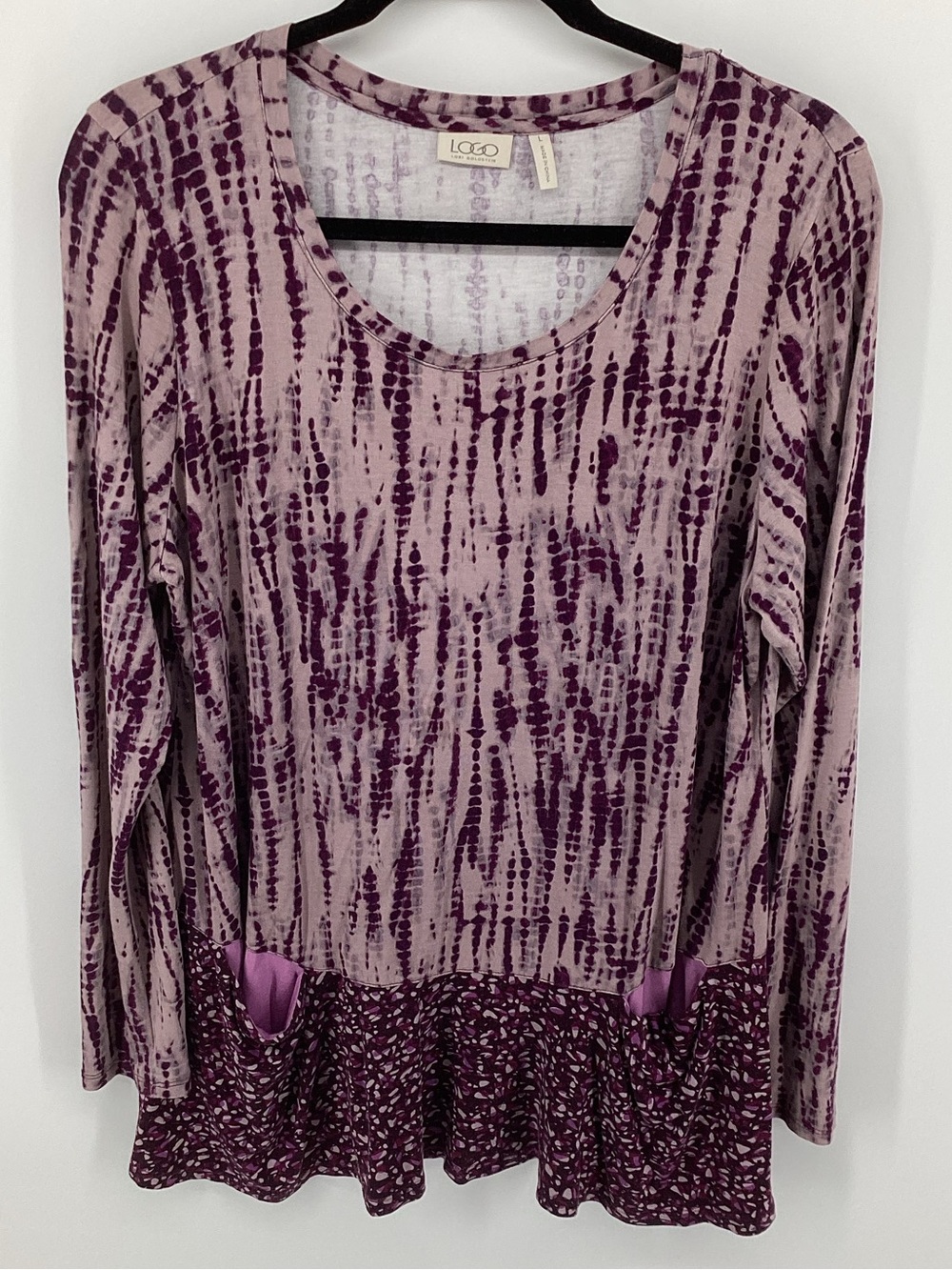 LOGO by Lori Goldstein Purple Patterned Long-Sleeve Peplum Top